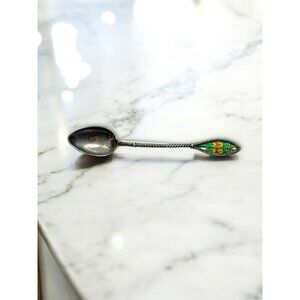 Antique 800 Silver Spoon Brooch Enamel Handle Monogram